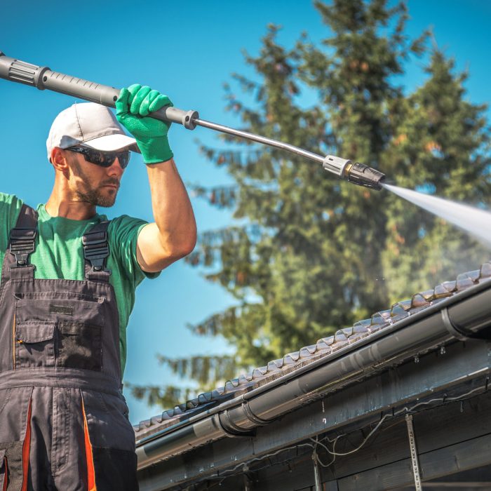 Washing Plastic Carport Roof:rain gutter, cleaning, wash, pressure washer, spraying, water, spring cleaning, roof, roofing, household, closeup, powerful, wood, architecture, object, horizontal, caucasian, worker, job